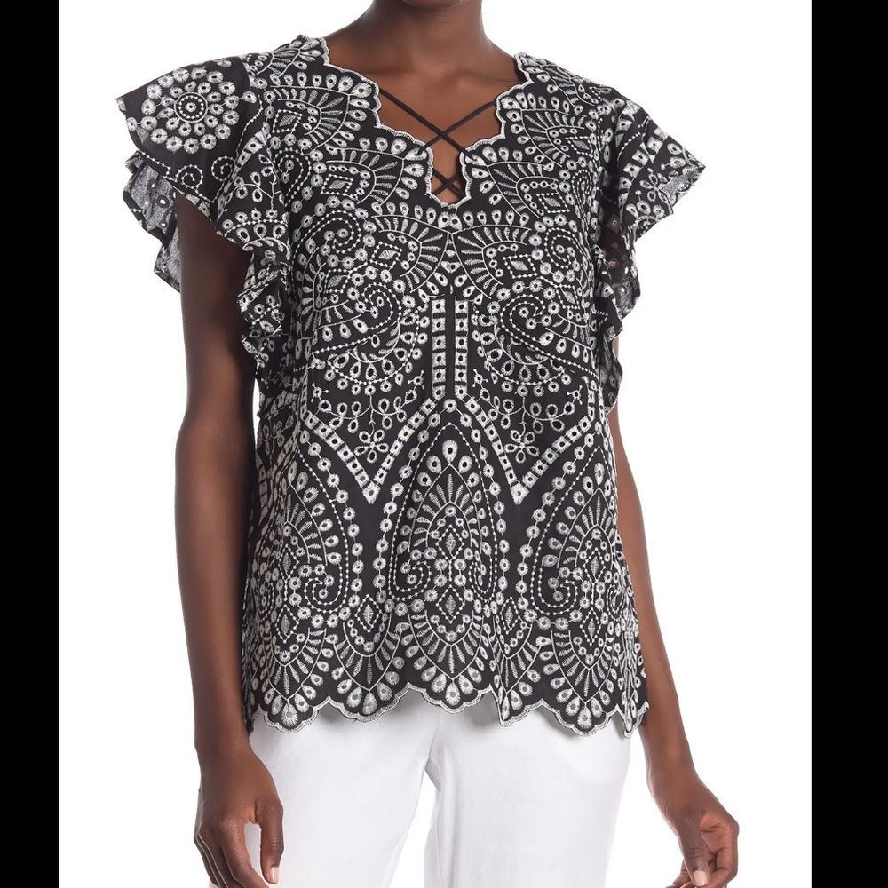 Laundry Flutter Sleeve Lace Up Eyelet Blouse